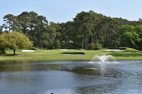 A serenely beautiful golf course at Eagle Nest Golf Club in Myrtle Beach, South Carolina, where guests staying at Xplorie participating properties can enjoy a free round of eighteen hole golf.