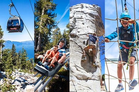 A variety of activities available at Heavenly Lake Tahoe including a Gondola ride, Mountain Coaster, Rock Climbing, and Ropes Course in South Lake Tahoe, California. Guests staying at Xplorie participating properties can enjoy these activities with a free Epic Discovery Ultimate Adventure Pass.