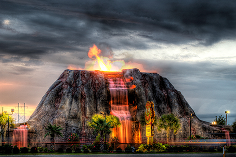 Volcano at the Molten Mountain Mini Golf course in North Myrtle Beach, South Carolina, where guests staying at Xplorie participating properties can enjoy a free round of mini gold.