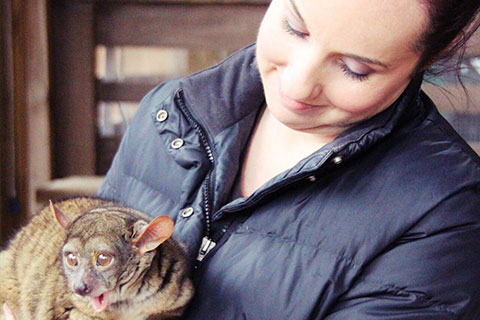 A woman holding a Tarsier at the North Georgia Zoo & Farm in Cleveland, Georgia, where guests staying at Xplorie participating properties receive a free wildlife package.