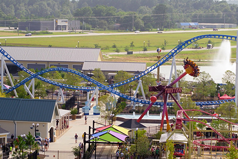 An aerial view of the amusement park at The Park at OWA in Foley, Alabama, where guests staying at Xplorie participating properties can enjoy a free general admission.