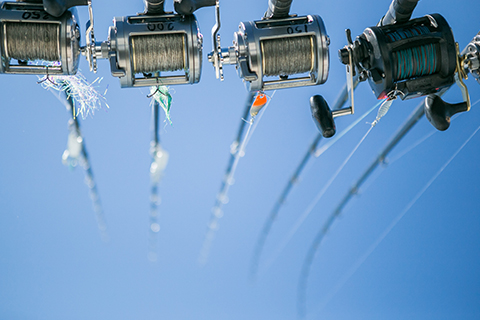 A below view of four fishing rods aboard the Patriot Party Fishing Boats in Falmouth, Massachusetts, where guests staying at Xplorie participating properties can enjoy a complimentary four hour bottom fishing trip.