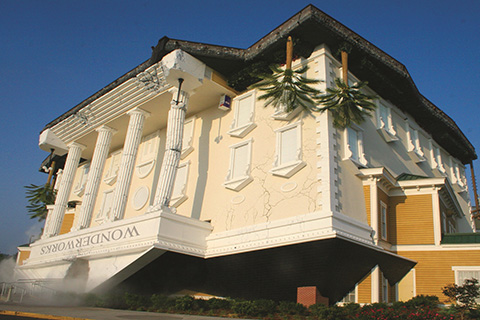 The whimsically upside down and tilted building of Wonderworks in Pigeon Forge, Tennessee where guests staying at Xplorie participating properties receive a free admission.