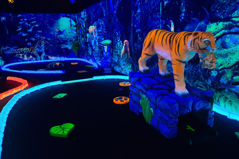 Play a round in the indoor 18-hole Blacklight Golf Course at Rainforest Black Light Golf & Arcade in Destin, Florida, which is one of the many things guests can do for free when staying at an Xplorie participating property.